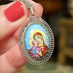 Antique Handpainted Enamel Madonna with Child Portrait Enamel 800 Silver Pendant